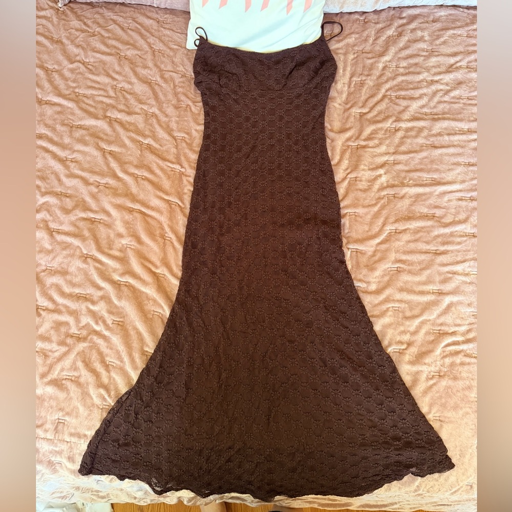 Brown Bardot Lace Floral Dress - Elegant Women’s Evening Dress